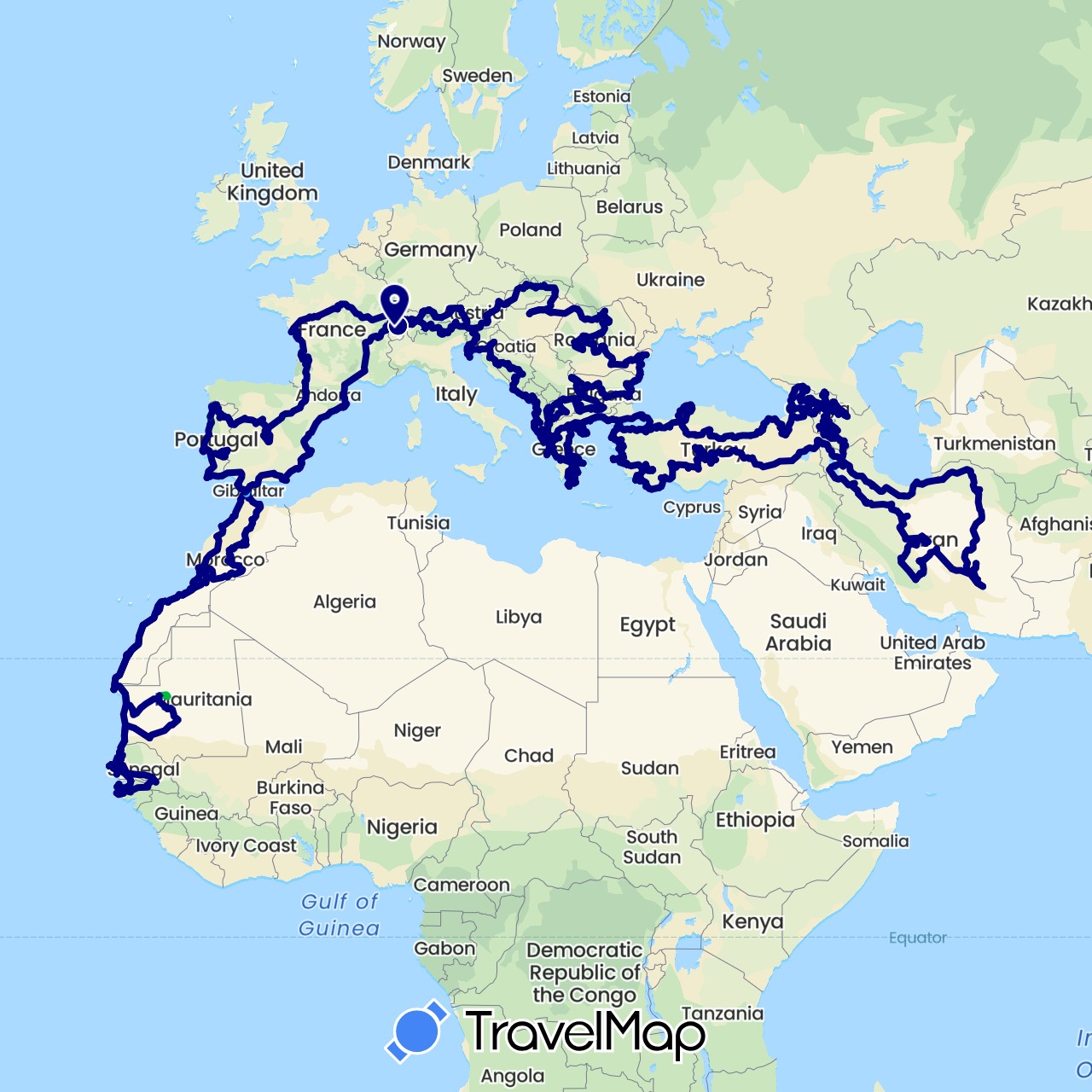 TravelMap itinerary: driving, bus, boat in Albania, Armenia, Austria, Bosnia and Herzegovina, Bulgaria, Switzerland, Germany, Spain, France, Georgia, Gibraltar, Gambia, Greece, Guinea-Bissau, Croatia, Hungary, Iran, Italy, Liechtenstein, Morocco, Montenegro, Macedonia, Mauritania, Portugal, Romania, Slovenia, Slovakia, Senegal, Turkey (Africa, Asia, Europe)